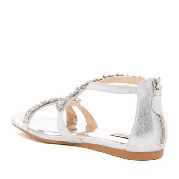 Badgley Mischka Metallic Silver Jeweled Flat Leather Carey Sandal - Picture 11 of 16